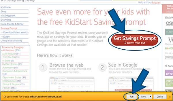 Install the KidStart Savings Prompt on Internet Explorer Step 1