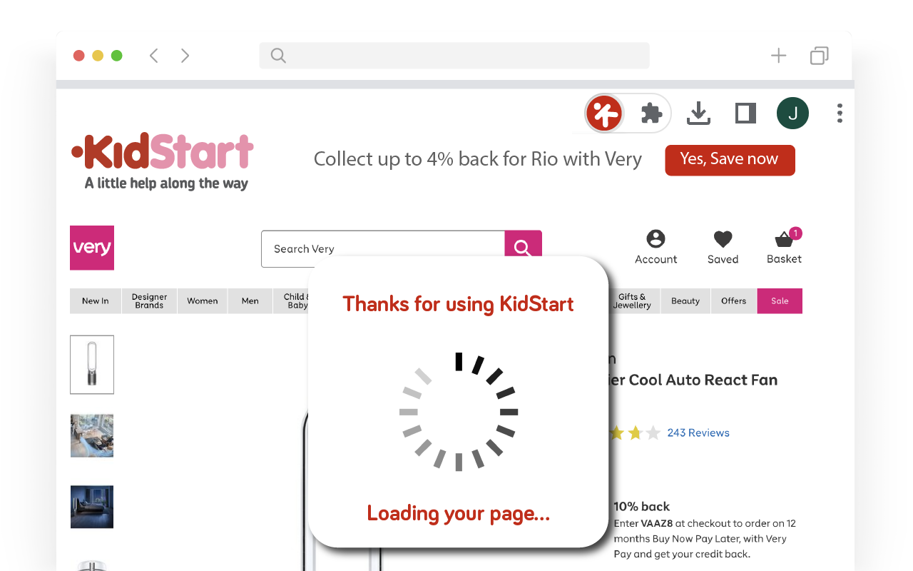 Screenshot of user being notified when on retailer's website you can earn KidStart Savings with