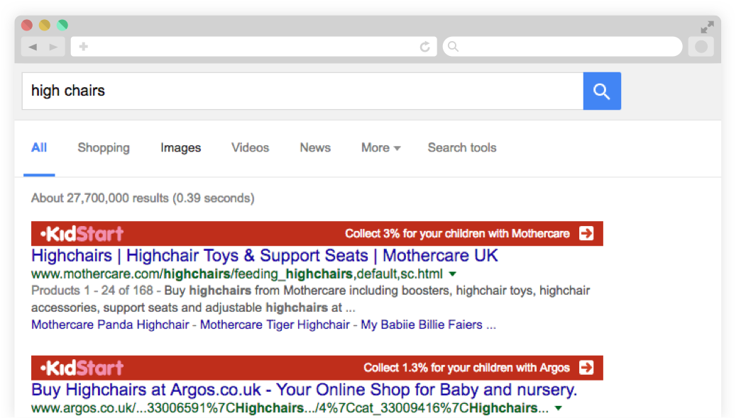 Screenshot of user browing Google, with the KidStart Savings Prompt highlighting KidStart partner retailers